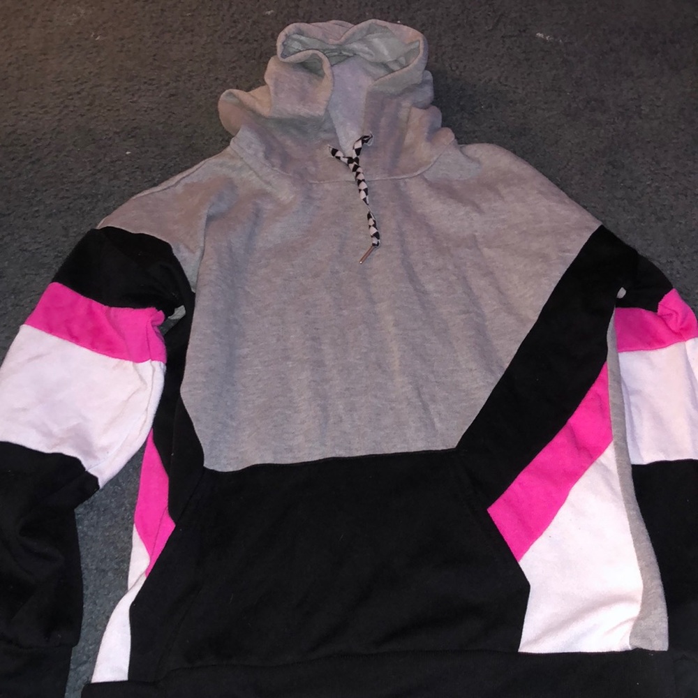 Black, pink, white, and gray Hoodie